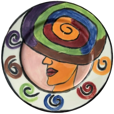 Painted plate, colour image of woman wearing a hat