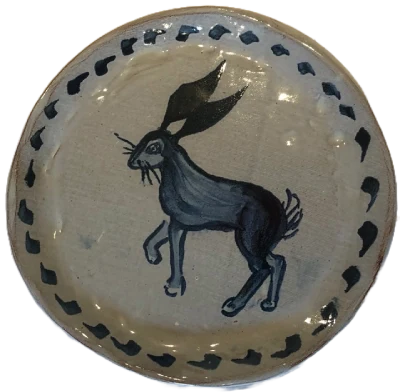 Painted plate, blue rabbit