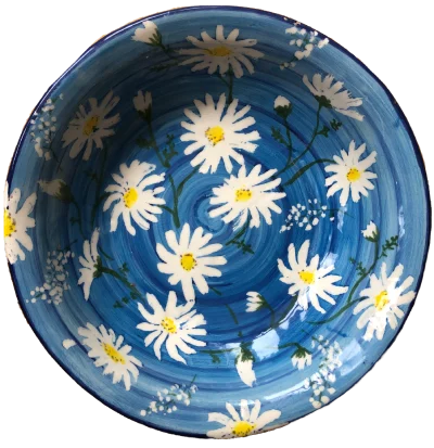 white daises on blue background, painted plate