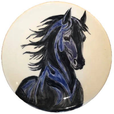 Painted plate, horses head in blue and black