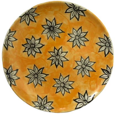 White flowers painted plate, yellow background